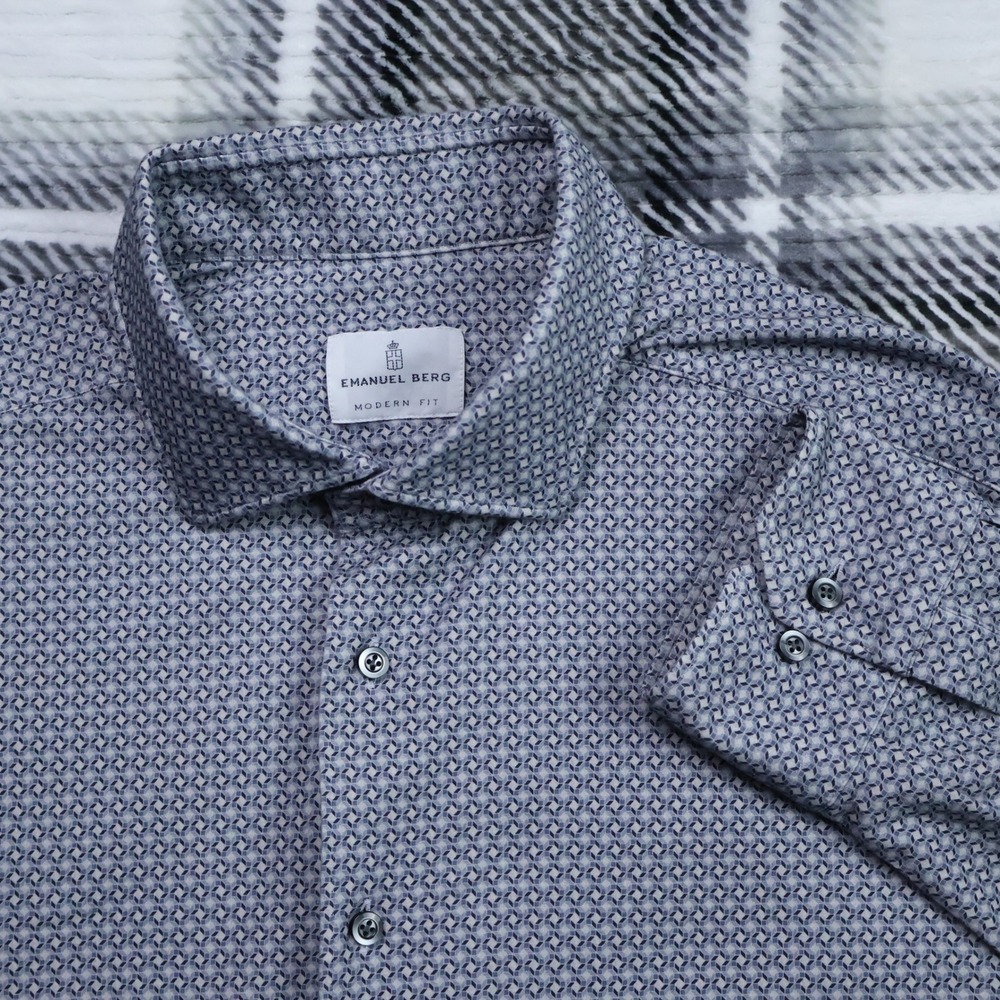 Emanuel Berg Modern Fit Blue Geometric Tile Print Cotton Stretch Shirt XL